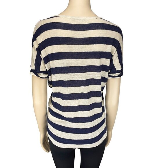 GERARD DAREL 100% Linen Boat Neck Classic Striped Navy White T-Shirt Top sz 1 - Picture 2 of 6